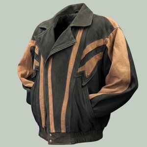 Adler Leather Bomber Jacket Mens Large Black & Tan Vintage 80s Two Tone Striped